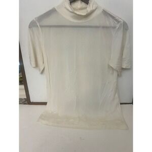 WinterSilks Womens Cream Sheer Mock Neck Short Sleeve Silk Top Size L.   Dd